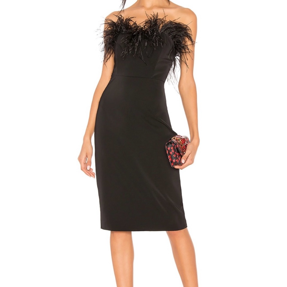 LPA Black Strapless Dress with Feather Detail